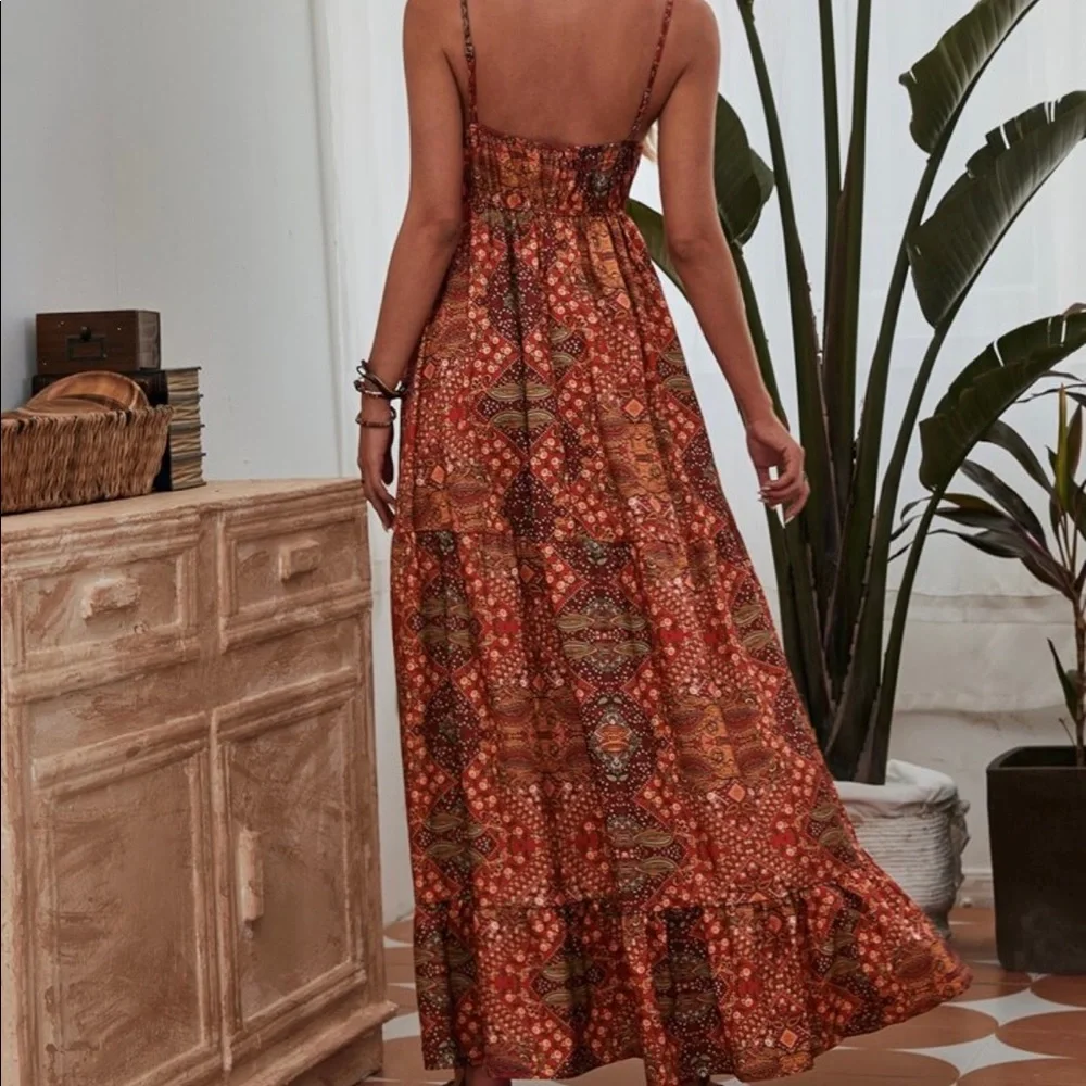 Bohemian Boho Gypsy Ruffle Cami Maxi Dress RED - Picture 3 of 16
